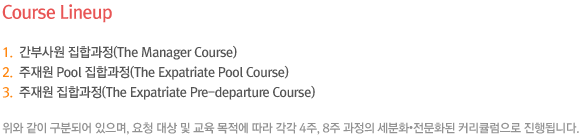 집중집합교육(Intensive Program)은  1.간부 및 임원 집합과정(Executive Program) 2.주재원 Pool 집합과정(Pre-Expatriate Program)  3.주재원 집합과정(Expatriate Program)